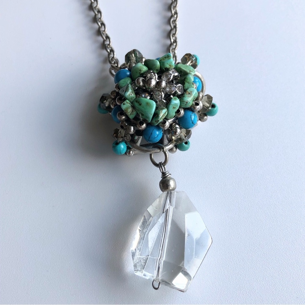 Pam Hiran Silver Turquoise nuggets crystal drop boho necklace